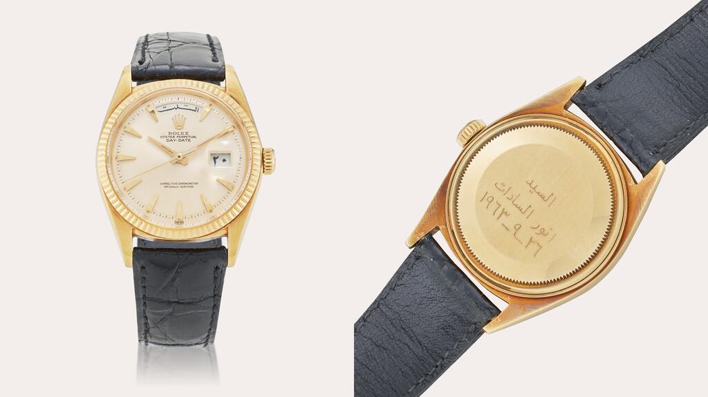 The back of former President of Egypt Gamal Abdel Nasser’s Rolex timepiece, which was gifted to him by his friend and successor Anwar El Sadat, features an inscription in Arabic, (pictured above) that translates to, “Mr. Anwar El Sadat 26-9-1963.” former President of Egypt Gamal Abdel Nasser’s Rolex Reference 1803 Day-Date timepiece